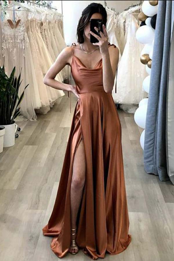 Simple A-line Spaghetti Straps Long Prom Dress With Slit Evening Gown