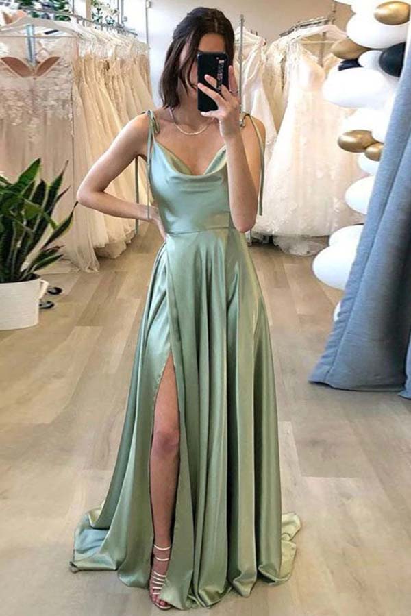Simple A-line Spaghetti Straps Long Prom Dress With Slit Evening Gown