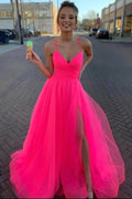 Vestidos de noche sencillos de tul con abertura y corte en A
