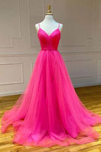 Vestidos de noche sencillos de tul con abertura y corte en A