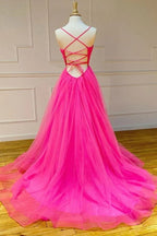 Vestidos de noche sencillos de tul con abertura y corte en A