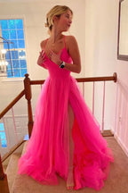 Vestidos de noche sencillos de tul con abertura y corte en A