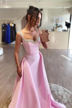 Satin A-line Long Prom Dresses With Beading, Evening Dress