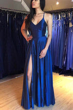 Simple Satin A-line V-neck Prom Dresses, Evening Gowns With Side Split