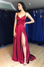 Simple Satin A-line V-neck Prom Dresses, Evening Gowns With Side Split
