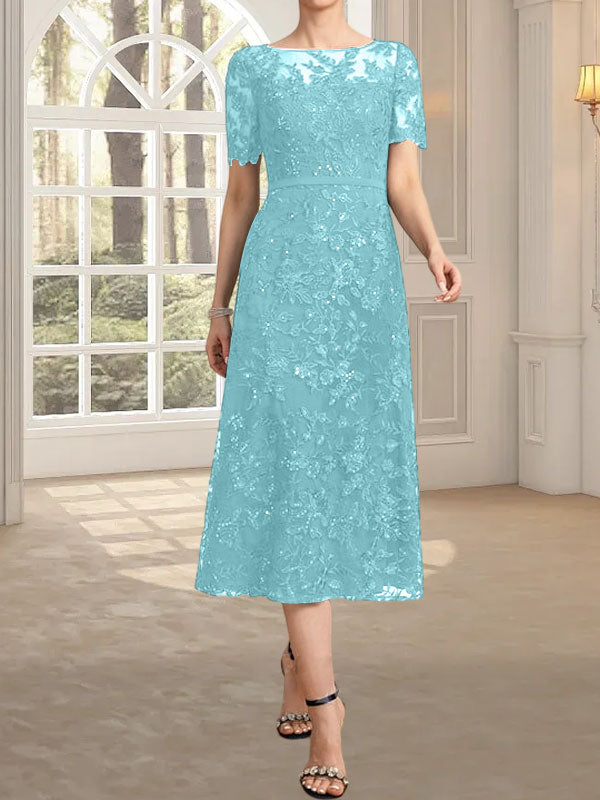 A-Linien-Kleid mit Rundhalsausschnitt, Illusion-Ausschnitt, Teelänge, Spitze und Pailletten für die Mutter der Braut