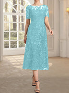 A-Linien-Kleid mit Rundhalsausschnitt, Illusion-Ausschnitt, Teelänge, Spitze und Pailletten für die Mutter der Braut