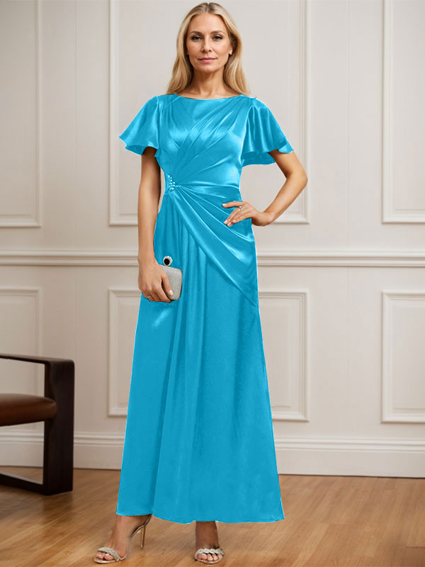 Vestido de madre de la novia de satén elástico con escote redondo y largo hasta los tobillos, corte en A y cuentas plisadas 