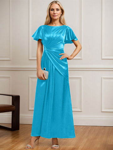 A-Linien-Kleid aus Stretch-Satin mit Rundhalsausschnitt und knöchellanger Verarbeitung für die Mutter der Braut, verziert mit plissierten Perlen. 