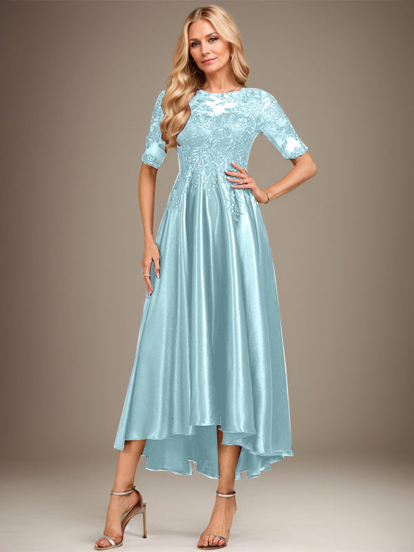 Vestido de madre de la novia de encaje satinado elástico asimétrico con ilusión de escote en A y lentejuelas 