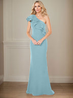 Vestido de gasa para madre de la novia, corte A, un hombro, largo hasta el suelo, con volantes 