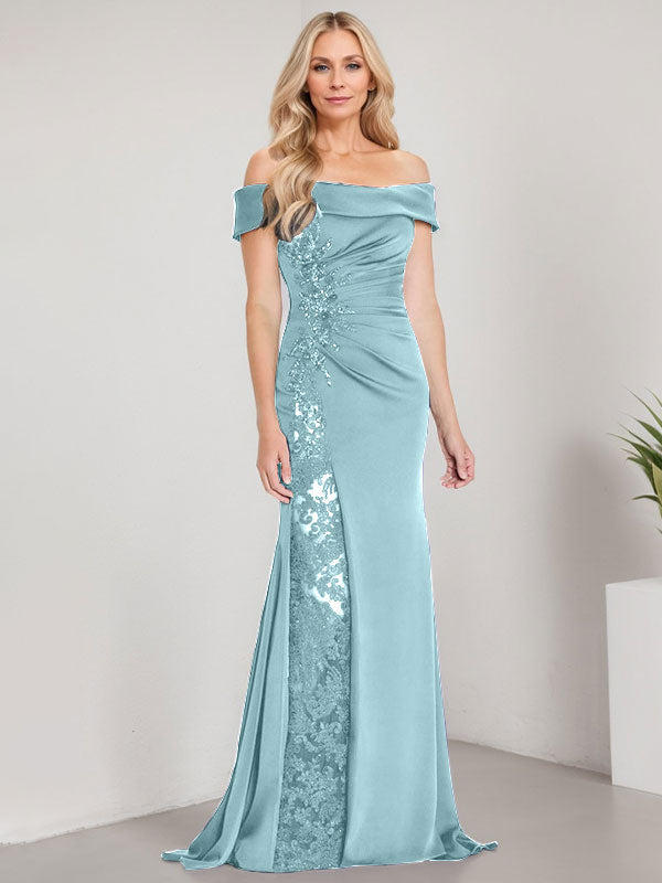 Vestido de sirena con escote en A, hombros descubiertos y largo hasta el suelo para madre de la novia, apliques y cuentas, con abertura alta 
