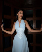 Chiffon Maxi Prom Dresses with Halter Neckline Lace Applique Open Back for Prom and Garden Wedding