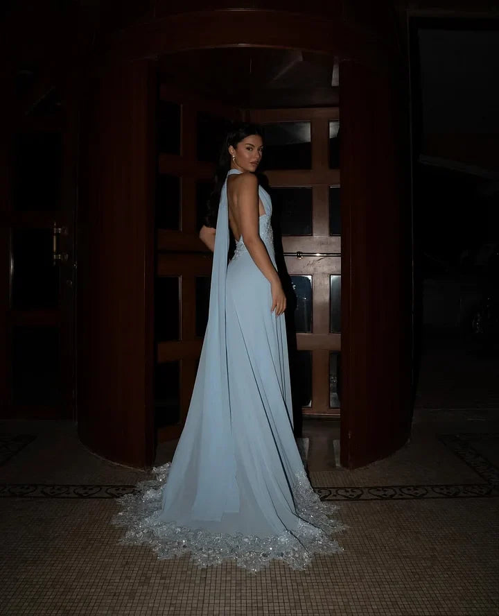 Chiffon Maxi Prom Dresses with Halter Neckline Lace Applique Open Back for Prom and Garden Wedding