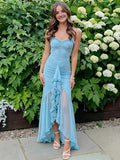 Vestidos de Noche Largos de Malla con Tirantes Delgados Escote Corazón Corsé Fruncido Falda Asimétrica con Volantes y Abertura Alta para Fiesta de Graduación y Fiesta