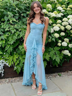 Vestidos de Noche Largos de Malla con Tirantes Delgados Escote Corazón Corsé Fruncido Falda Asimétrica con Volantes y Abertura Alta para Fiesta de Graduación y Fiesta