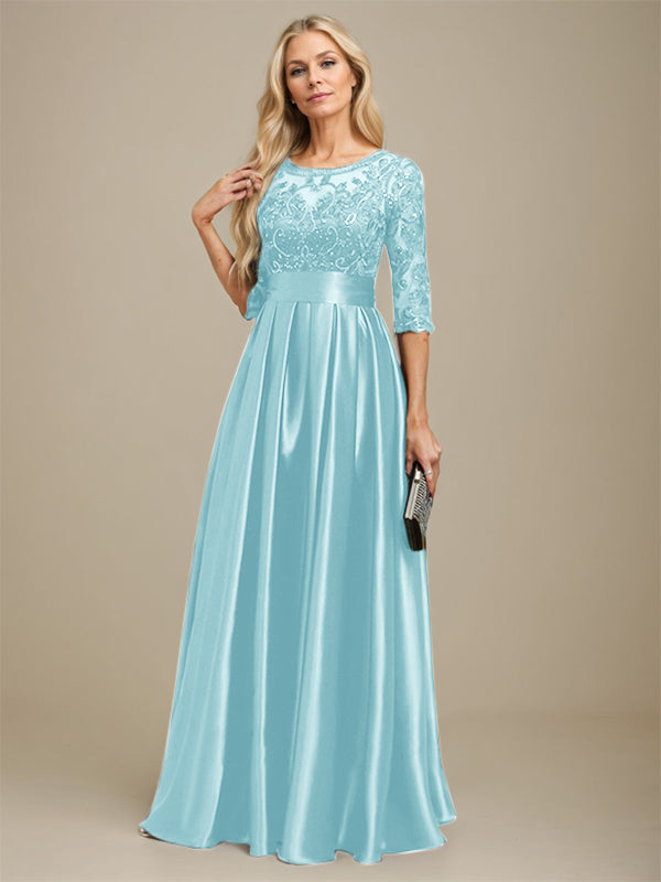 A-Linien-Kleid mit Illusion-Ausschnitt, bodenlang, aus Stretch-Satin und Spitze, verziert mit Schleife und Pailletten, für die Mutter der Braut 