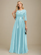 A-Linien-Kleid mit Illusion-Ausschnitt, bodenlang, aus Stretch-Satin und Spitze, verziert mit Schleife und Pailletten, für die Mutter der Braut 