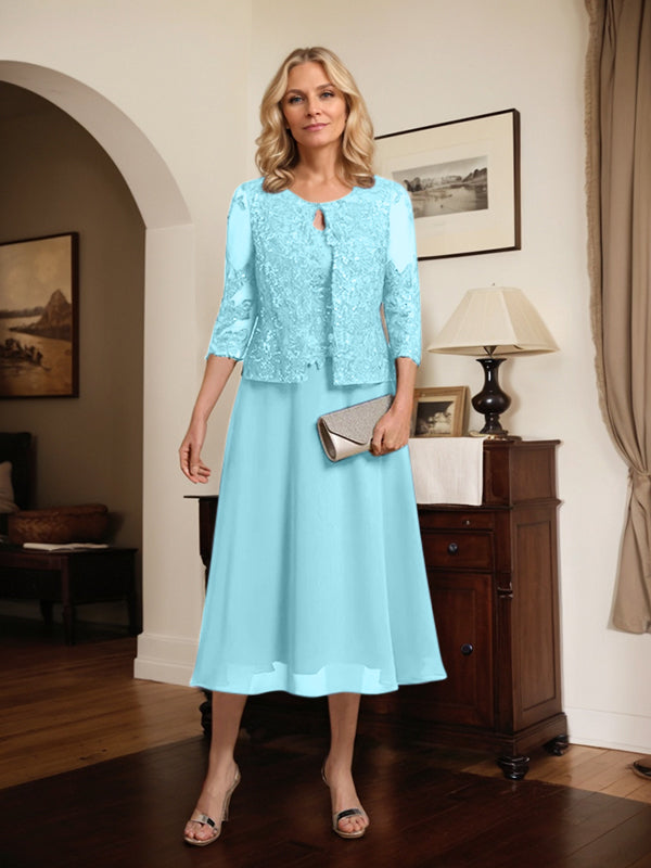 Vestido de gasa con encaje y lentejuelas para madre de la novia, corte A, escote redondo y largo hasta la rodilla 