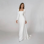Elegante vestido de novia de sirena de satén con cuello cuadrado y mangas largas sin espalda para fiesta de novia 