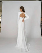 Elegante vestido de novia de sirena de satén con cuello cuadrado y mangas largas sin espalda para fiesta de novia 