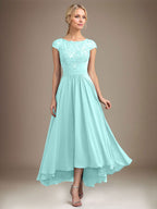 A-Linien-Kleid aus Chiffon mit asymmetrischem, plissiertem Spitzeneinsatz und Illusion-Ausschnitt für die Mutter der Braut 
