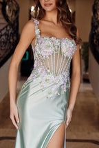 Vestidos de fiesta de satén con tirantes finos, escote corazón, apliques florales 3D, espalda con cordones, abertura alta y cola capilla tipo sirena