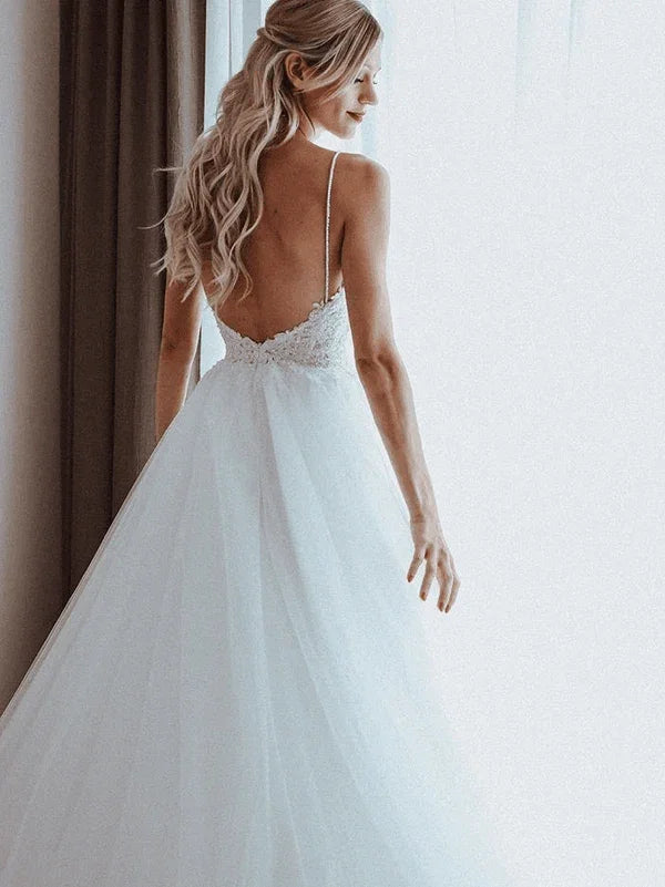 Spaghetti Straps Beaded Appliqued A-line Tulle Wedding Dresses