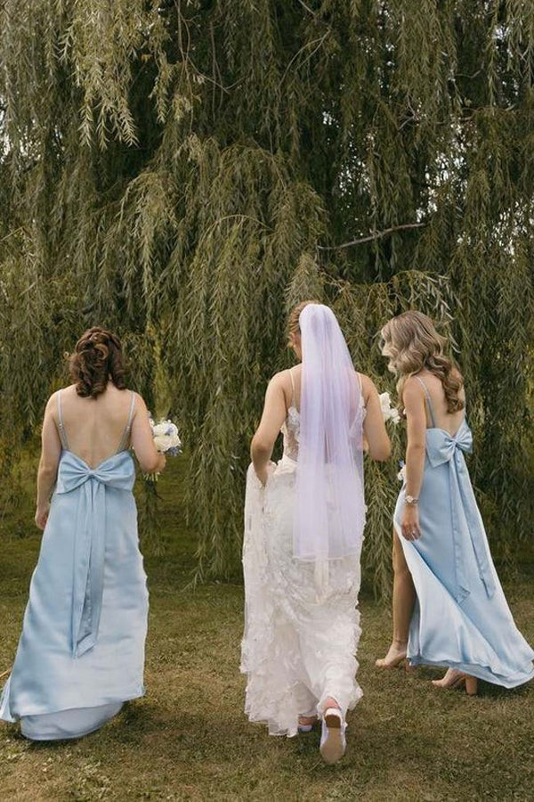 Spaghetti Straps Satin Pleats Simple Blue Long Bridesmaid Dress