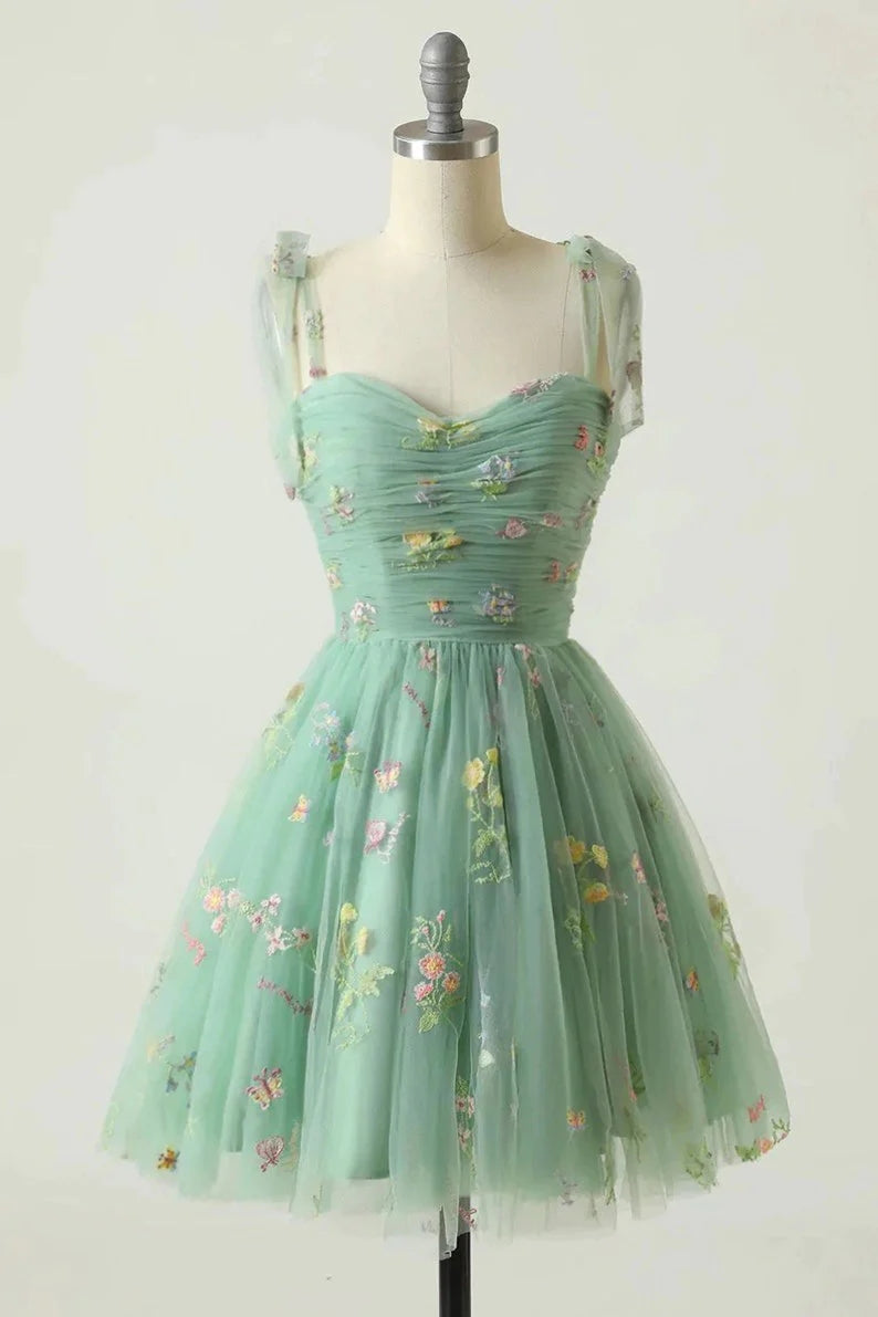 Spaghetti Straps Sleeveless Tulle Floral Homecoming Dress