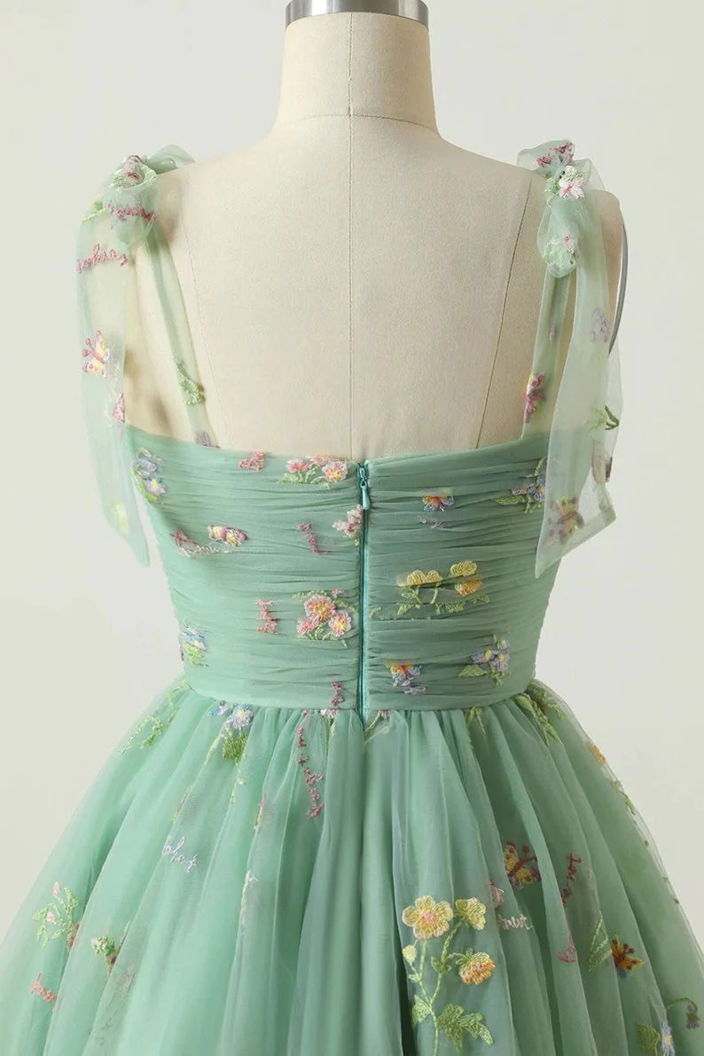 Spaghetti Straps Sleeveless Tulle Floral Homecoming Dress