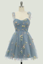 Spaghetti Straps Sleeveless Tulle Floral Homecoming Dress