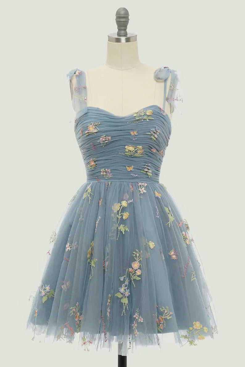 Spaghetti Straps Sleeveless Tulle Floral Homecoming Dress