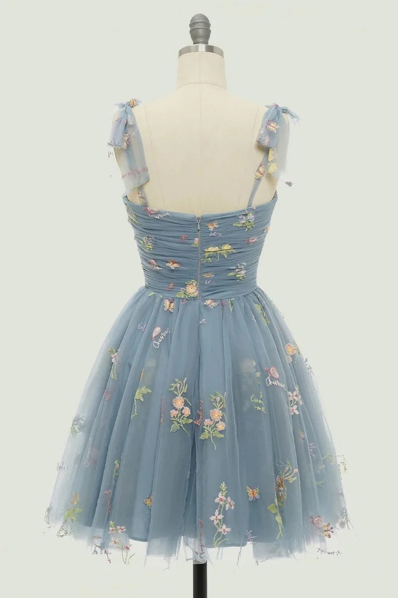 Spaghetti Straps Sleeveless Tulle Floral Homecoming Dress