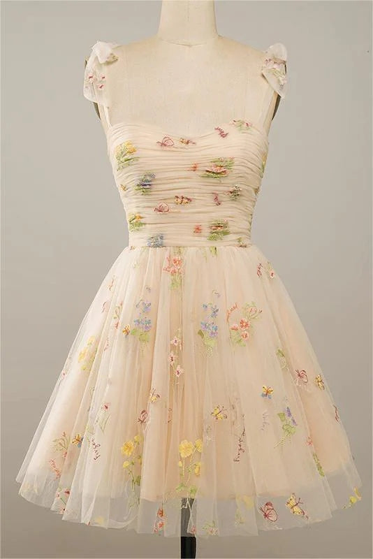 Spaghetti Straps Sleeveless Tulle Floral Homecoming Dress
