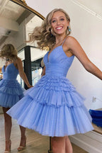 Spaghetti Straps V-Neck A-Line Tulle Mini Homecoming Dress