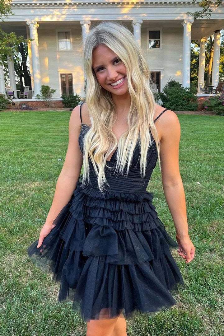 Spaghetti Straps V-Neck A-Line Tulle Mini Homecoming Dress