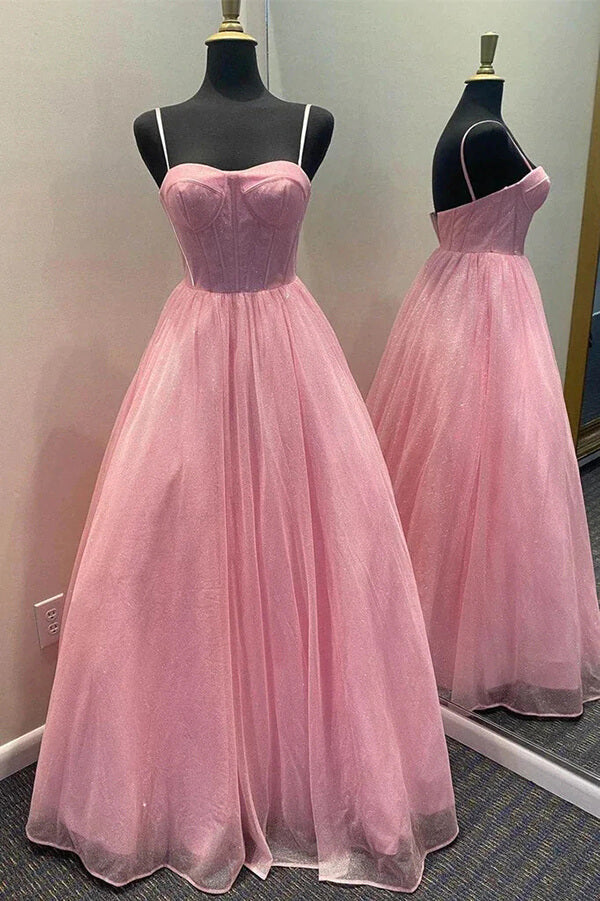 Sparkly A-line Spaghetti Straps Sweetheart Prom Dresses, Evening Dresses