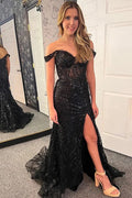 Sparkly Tulle Mermaid Off Shoulder Long Prom Dresses With Slit