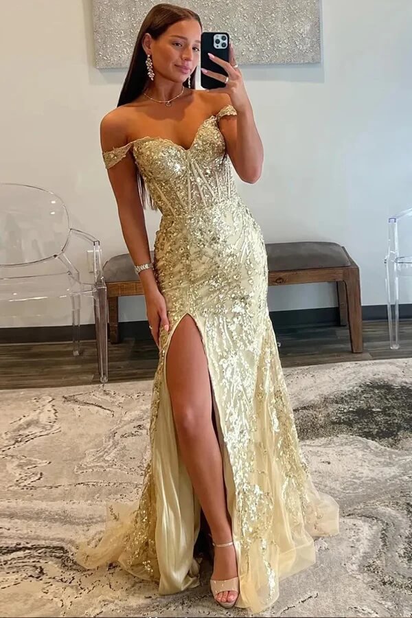 Sparkly Tulle Mermaid Off Shoulder Long Prom Dresses With Slit