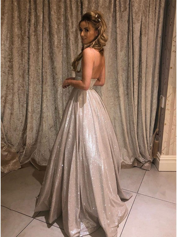 Vestido de noche con tirantes finos en forma de A, escote en V y lavanda brillante para fiesta de graduación