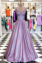 Vestido de noche con tirantes finos en forma de A, escote en V y lavanda brillante para fiesta de graduación