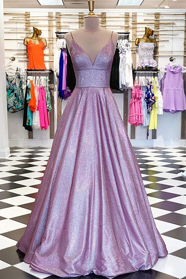 Vestido de noche con tirantes finos en forma de A, escote en V y lavanda brillante para fiesta de graduación