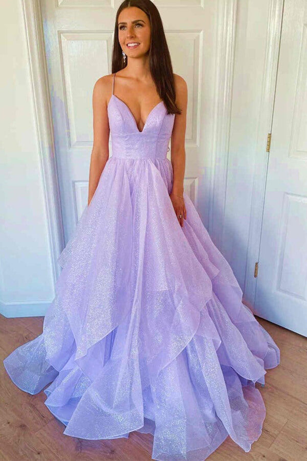 Glitzerndes lavendelfarbenes, gestuftes Tüll A-Linien Prinzessinnen-Ballkleid, Abendkleid