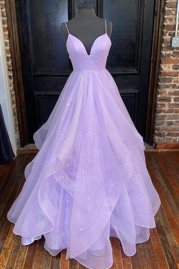 Glitzerndes lavendelfarbenes, gestuftes Tüll A-Linien Prinzessinnen-Ballkleid, Abendkleid