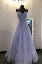 Sparkly Lilac Tulle A-line V Neckline Prom Dresses, Evening Dresses