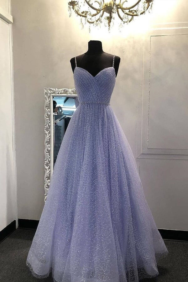 Sparkly Lilac Tulle A-line V Neckline Prom Dresses, Evening Dresses