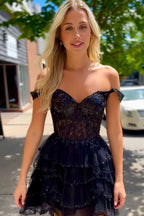 Sparkly Off the Shoulder Corset Ruffle Homecoming Dress
