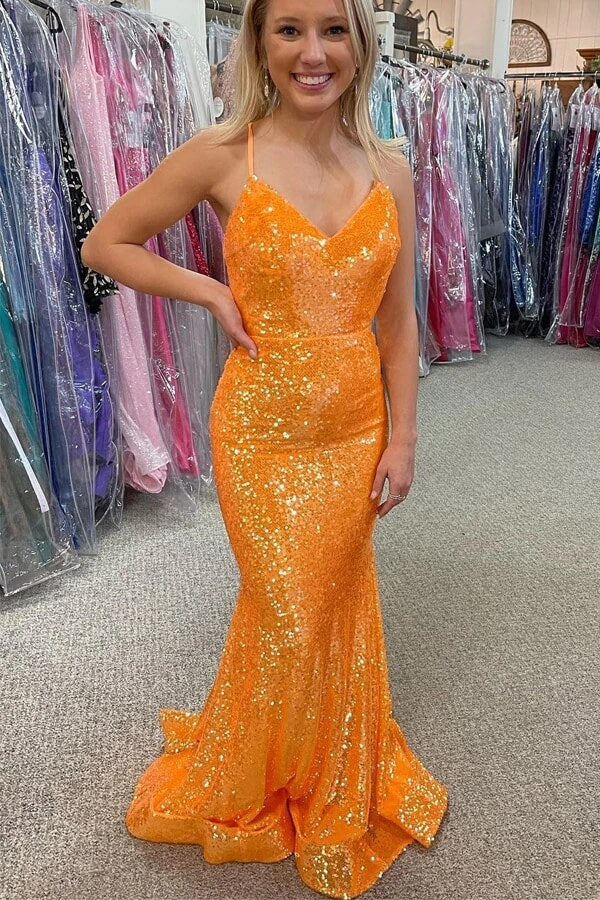 Sparkly Sequins Mermaid V-neck Prom Dresses, Long Formal Dress
