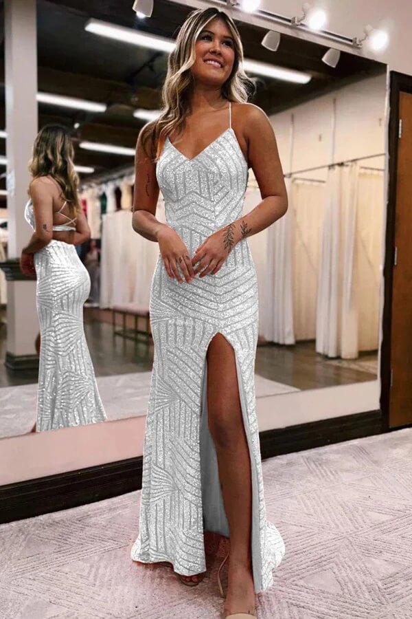 Vestidos de fiesta largos de lentejuelas brillantes con tirantes finos y abertura